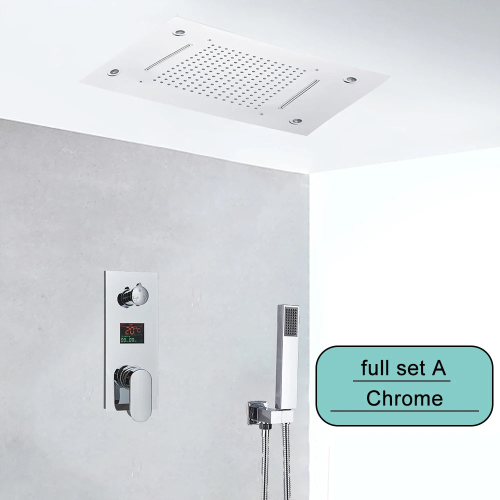 Black Embedded Ceiling Shower Head Intelligent Remote Control LED Rainfall Shower Set High Flow Waterfall Concealed Tap
