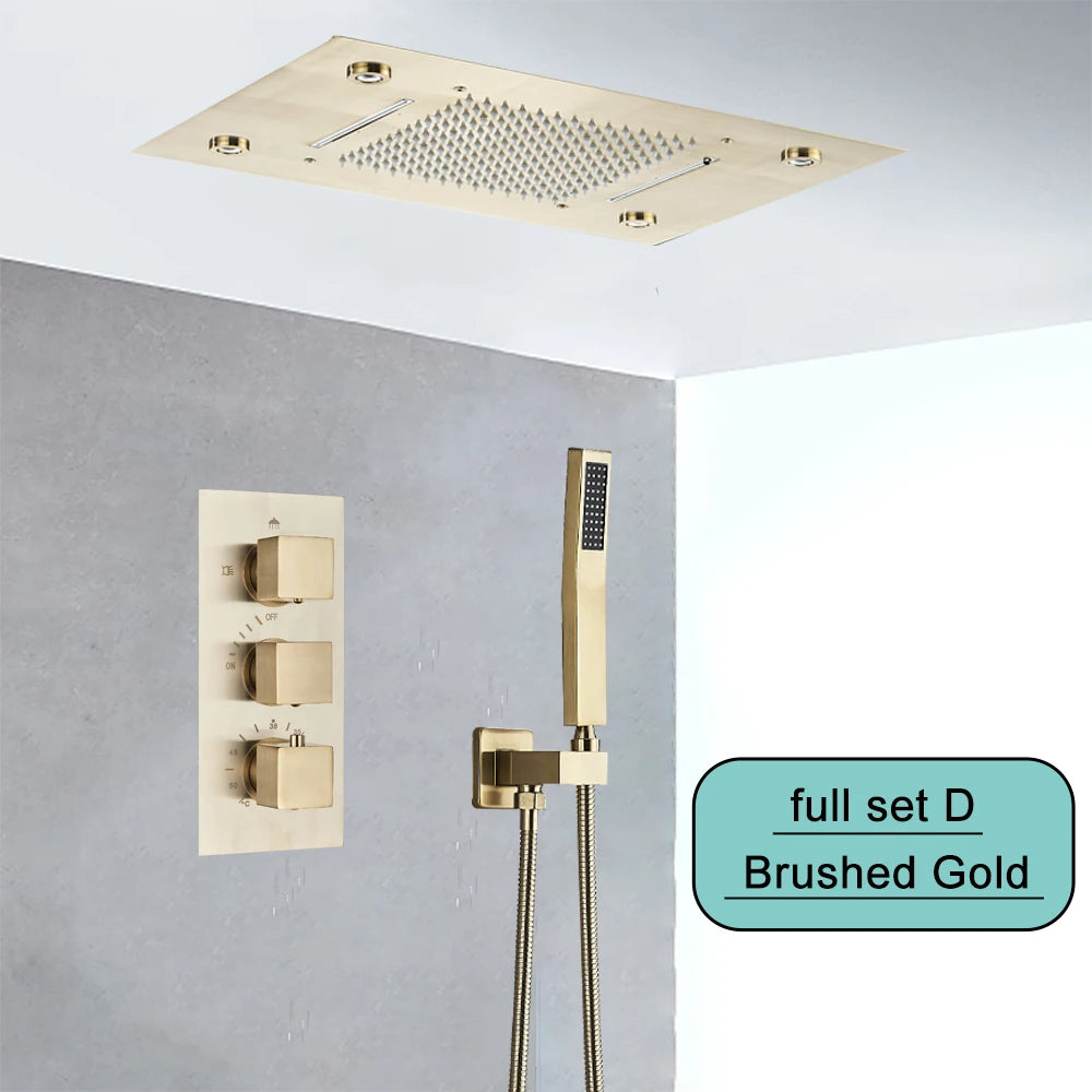 Black Embedded Ceiling Shower Head Intelligent Remote Control LED Rainfall Shower Set High Flow Waterfall Concealed Tap