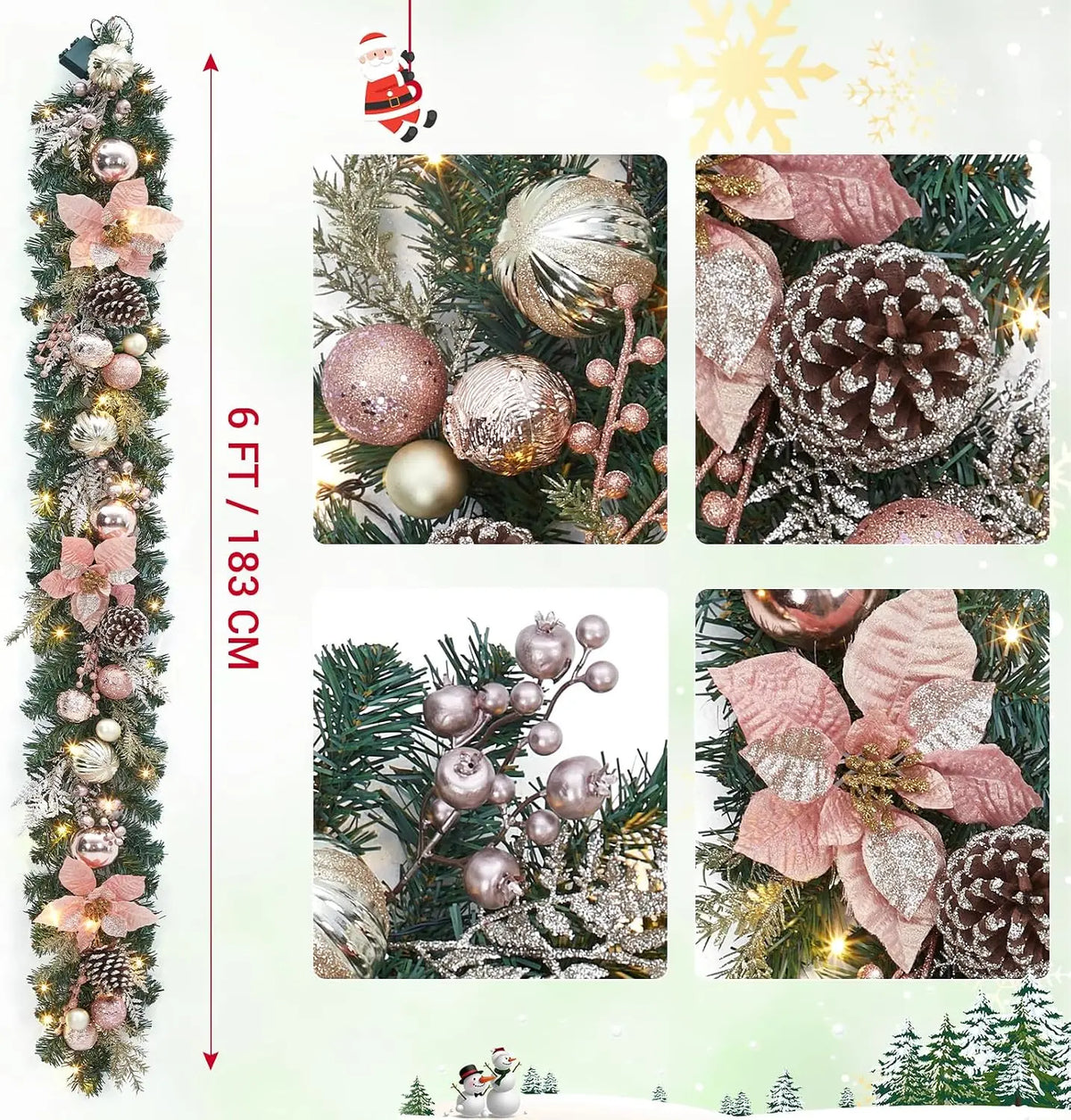 Tacleekii 6 Feet Christmas Garland with Lights & Timer for Mantle Battery Operated 20 LED 8 Modes Ball Ornaments & Poinsettias, Prelit Garland Decorations