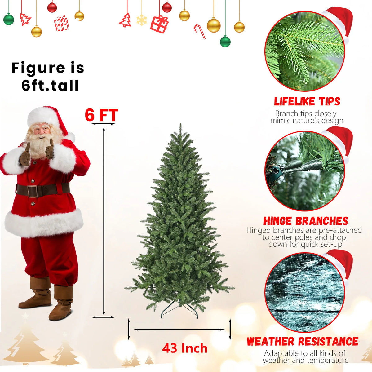 6ft Artificial Christmas Tree, 1168 PE+PVC Mixed Tips Full Lush Hinged Pine, Easy Assembly Holiday Tree with Sturdy Metal Stand for Indoor Decor, Green