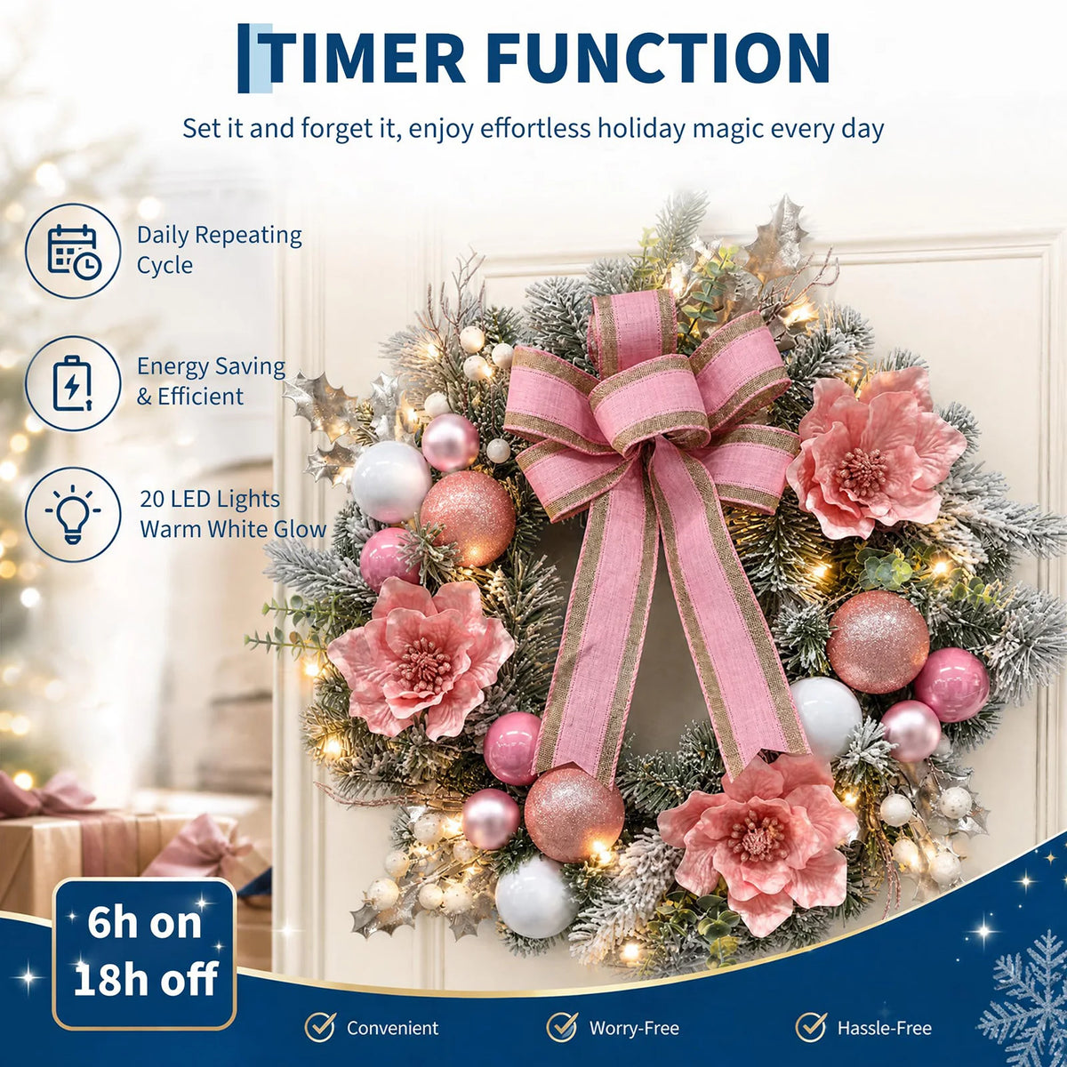 24 Inch Pre-Lit Pink Magnolia Christmas Wreath With 20 Led Lights, 8 Modes Timer, Snowy Pine Ball Ornaments Front Door Decor