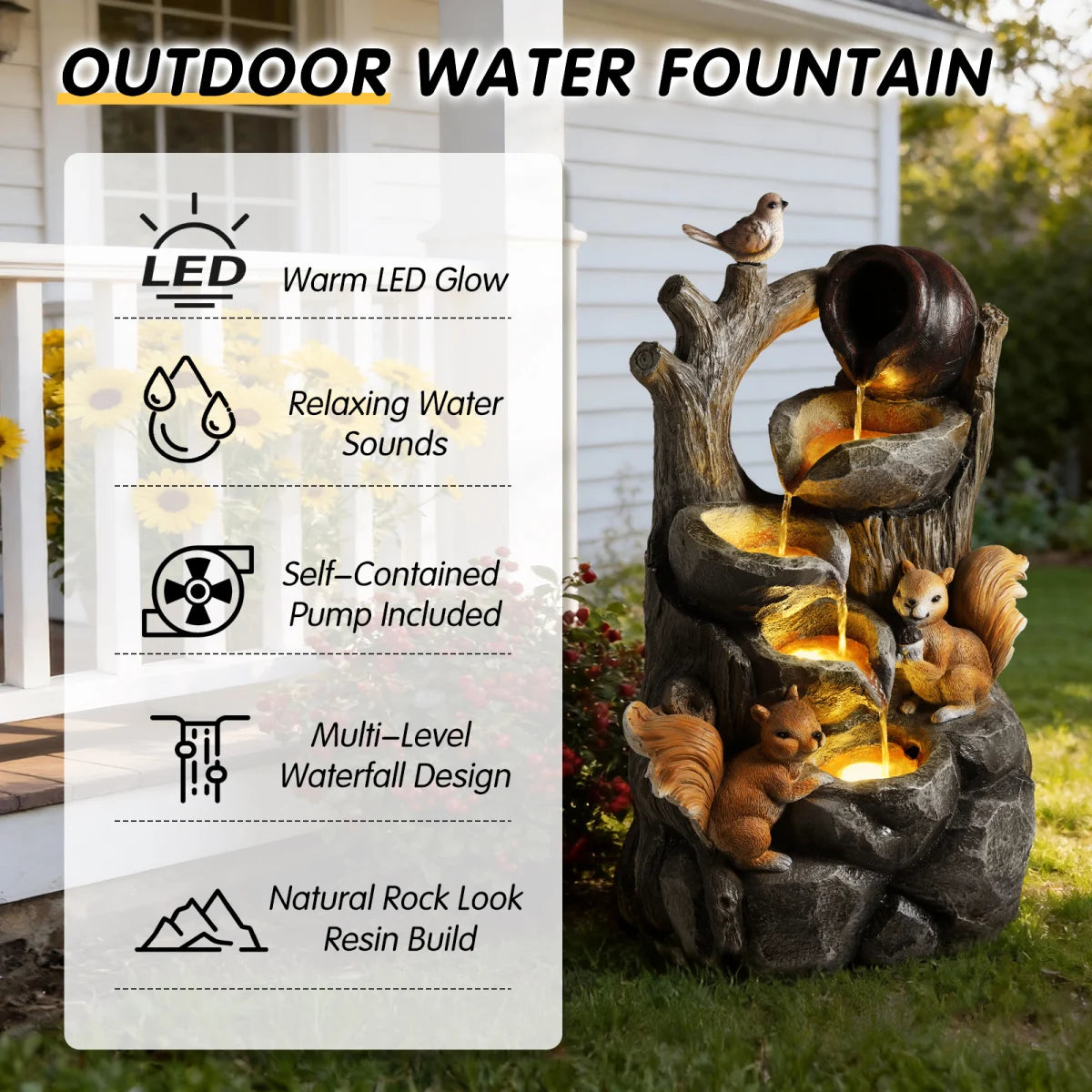 Squirrel Outdoor Water Fountain With Lights Waterfall Garden Decor