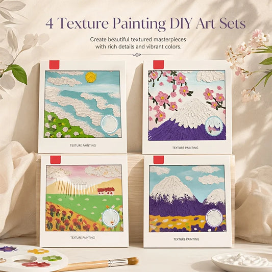 4 Style Scenery Texture Painting Kit.Comes with 6 Color Paint , Canvas Frame ，Palette Knife, Brush, Quartz Sand, Wooden Easel ，Mixing Palette. Printed Line Art for 3D Relief Decor Paintings. For Art Enthusiasts  Relaxing