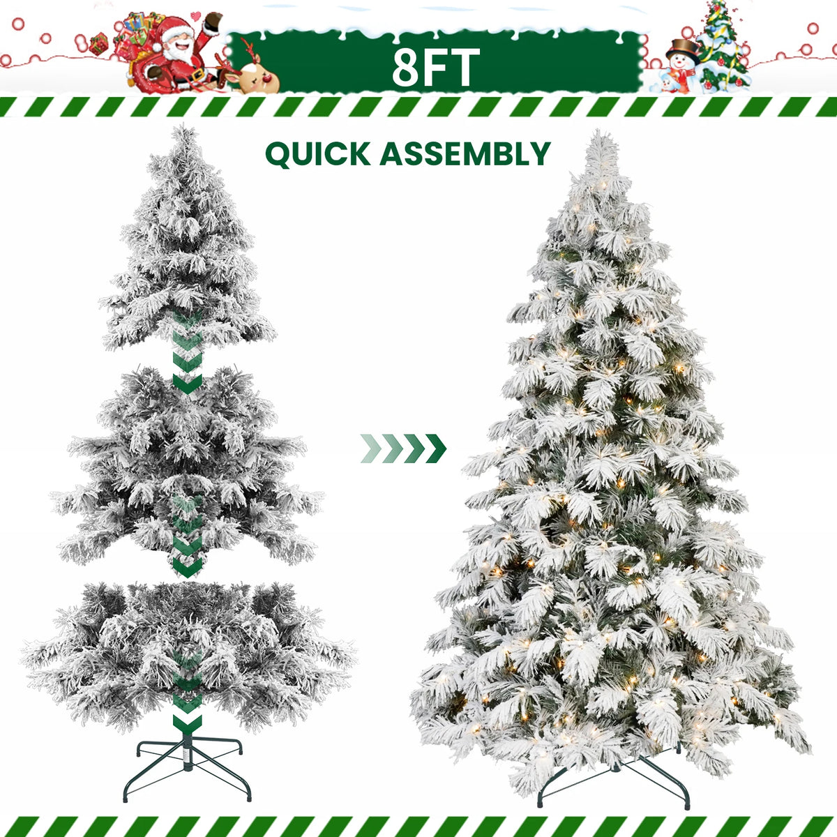 8 Foot Flocked Scarecrow-Shaped Christmas Tree with 470 LED Lights, 1242 PVC Memory Wire Tips, Power Pole Hinged Easy Setup Snowy Holiday Tree with Metal Stand