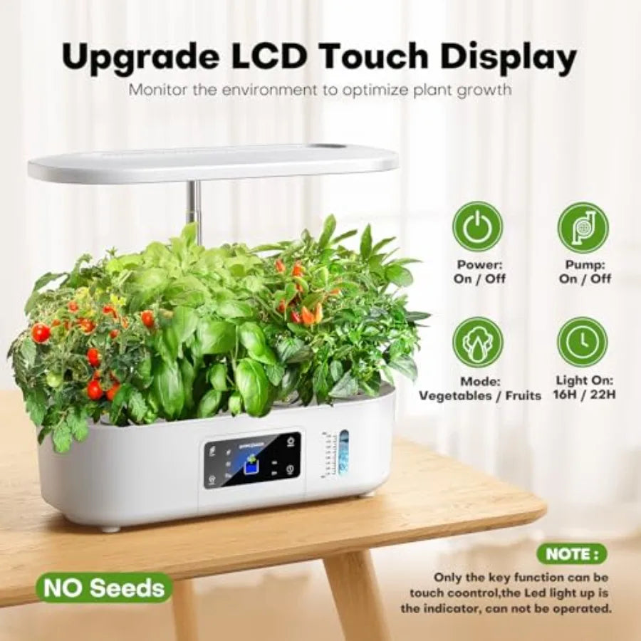 Indoor hydroponics growing system kit for herbs and lettuce, white plastic with LCD touch panel, 12-pod capacity, 17-inch max p