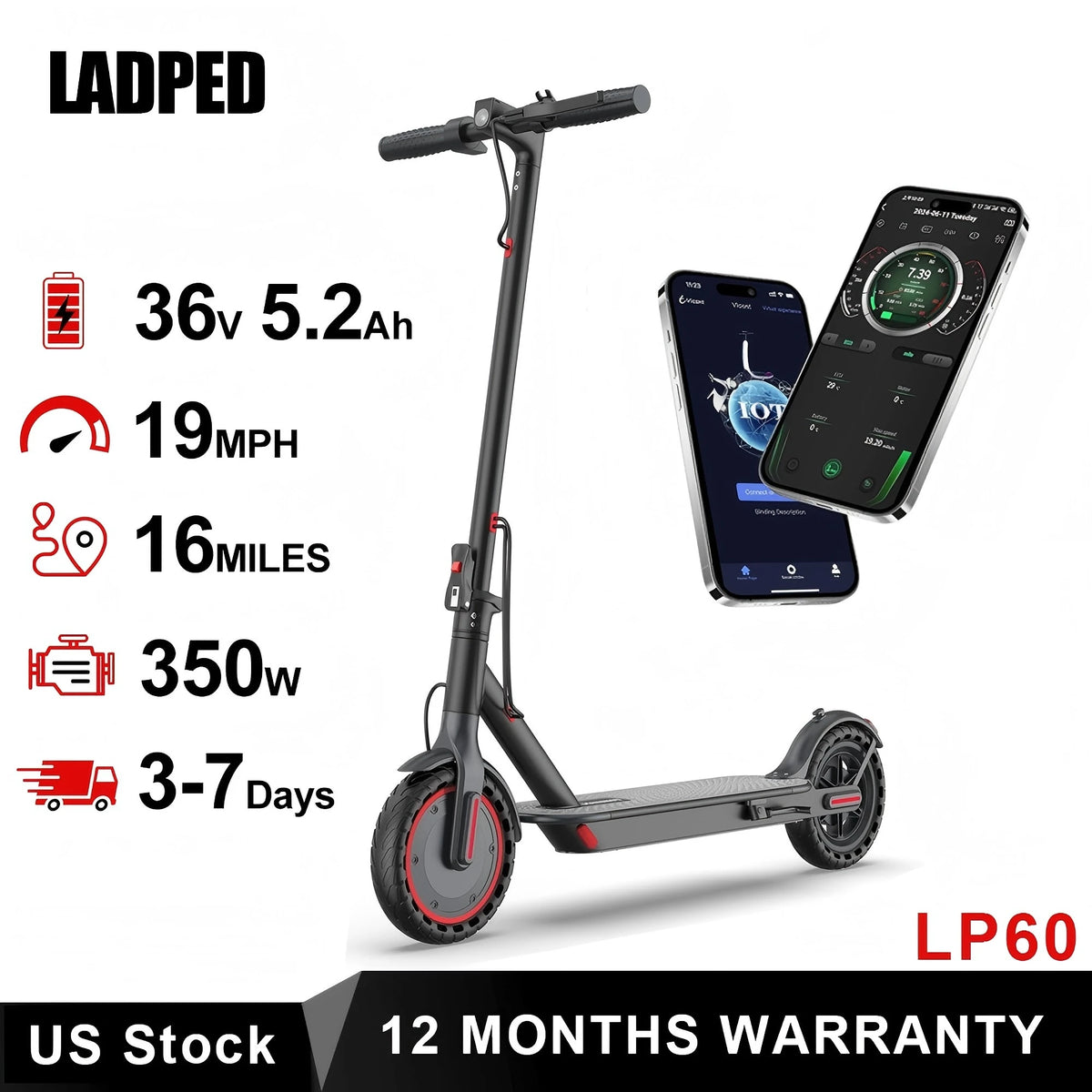 Ladped Folding Electric Scooter 350W 19Mph 16 Mile Range