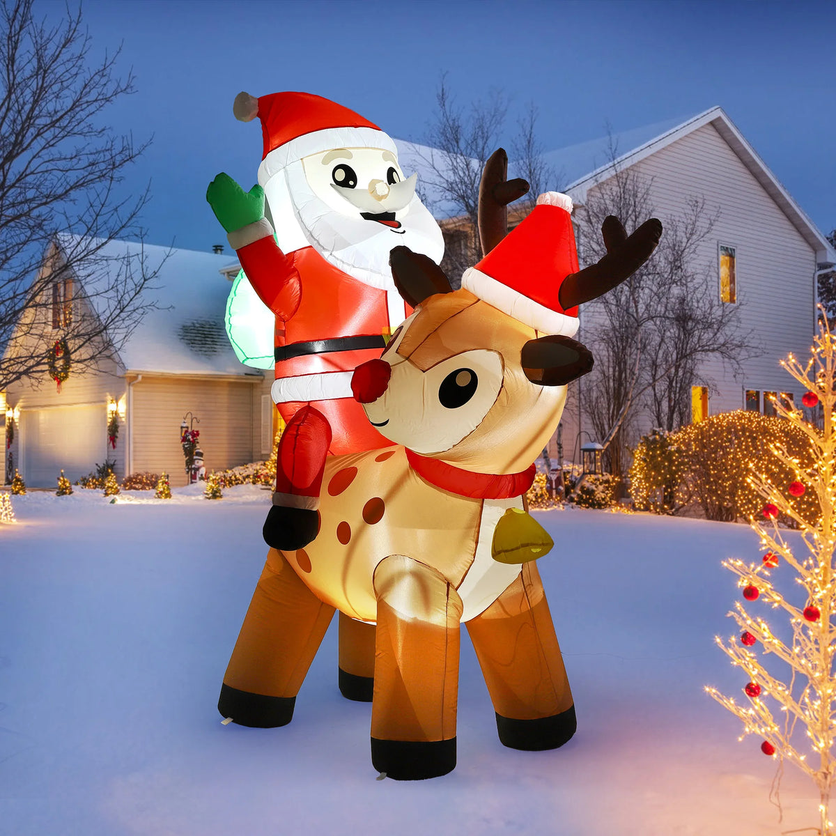 7FT Giant Inflatable Santa Claus with Reindeer Outdoor Christmas Decoration Built In LED Lights Weatherproof Polyester for Lawn Garden Indoor Holiday Party Winter Festival Yard Display Props