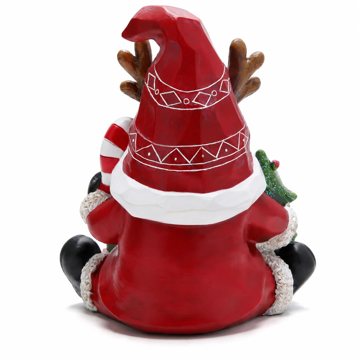 Hodao Resin Christmas Gnome Figurine, 6.1" Santa Gnome with Red Snowflake Hat, Reindeer Antlers, Christmas Tree, Gift Boxes and Candy Cane, Festive Holiday Tabletop Decor, Shelf Sitter Ornament for Mantel, Fireplace, Entryway