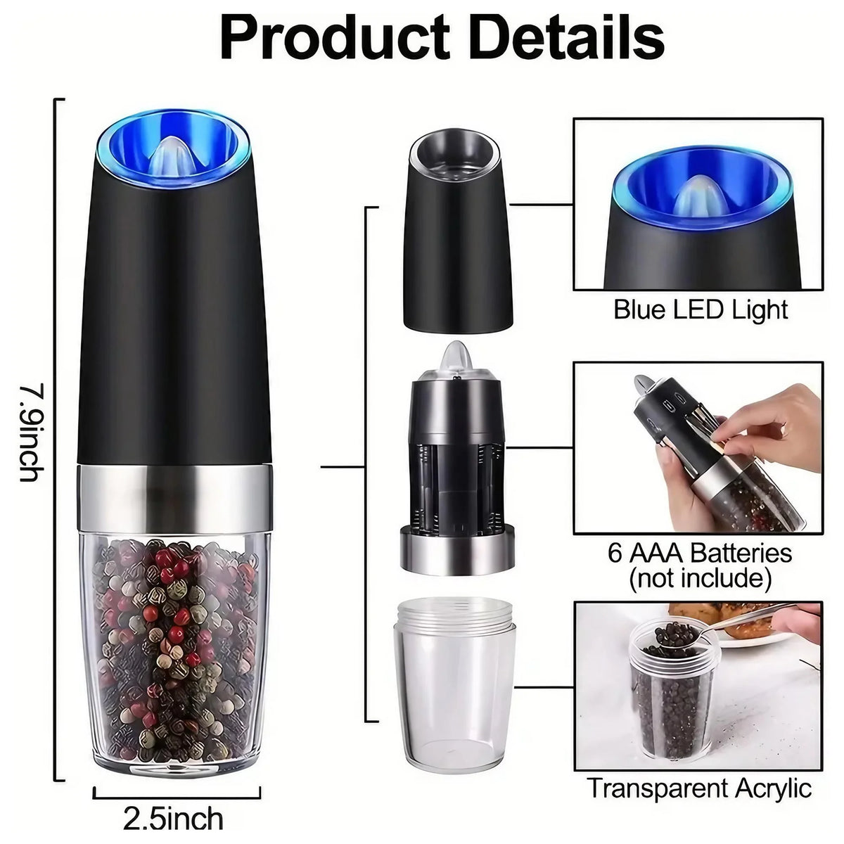 Gravity Electric Salt and Pepper Grinder - Battery Powered Salt or Pepper Mill with Adjustable Coarseness and LED Light, Easy Operation for Kitchen Dining BBQ Cooking, Grind Fresh for Better Flavor, Great for Home Cooks