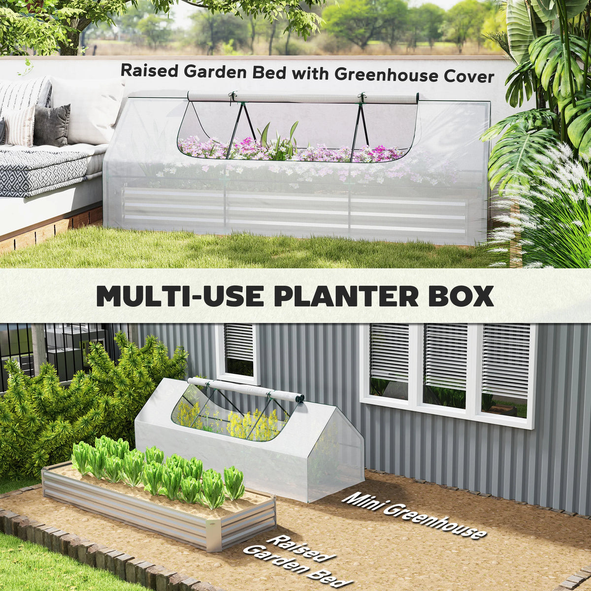 8.6 x 3 x 1ft Raised Garden Bed with Mini Greenhouse, White