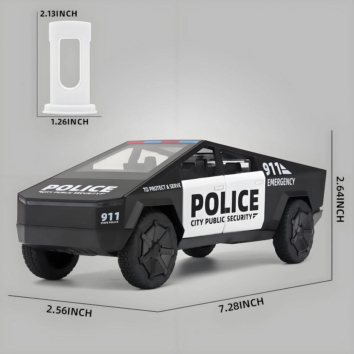 1/32 scale die-cast CYBERTRUCK police car model, realistic sound and light toy suitable for boys aged 3-8.