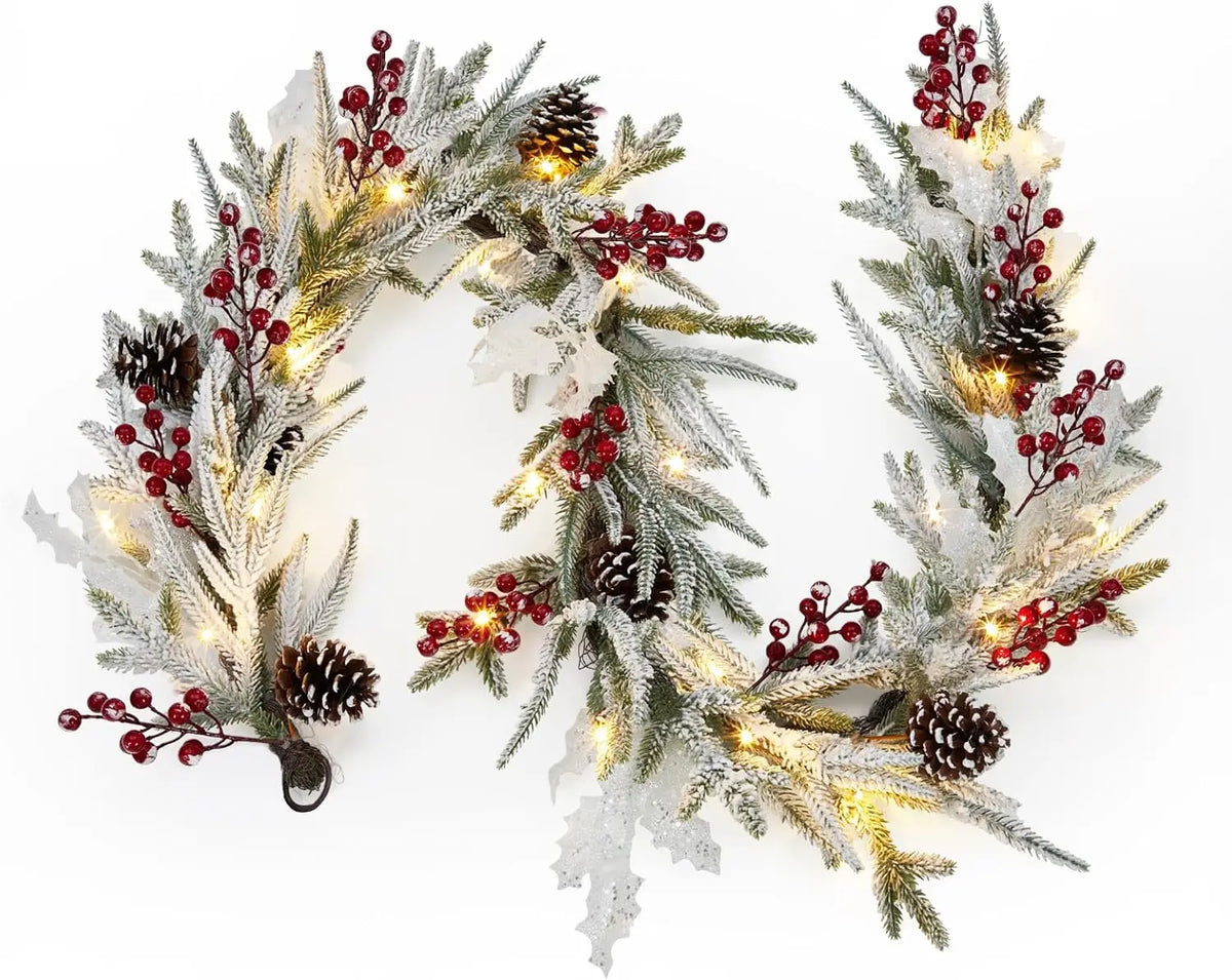 Tacleekii 6 Feet Christmas Garland with Lights & Timer for Mantle Battery Operated 20 LED 8 Modes Ball Ornaments & Poinsettias, Prelit Garland Decorations