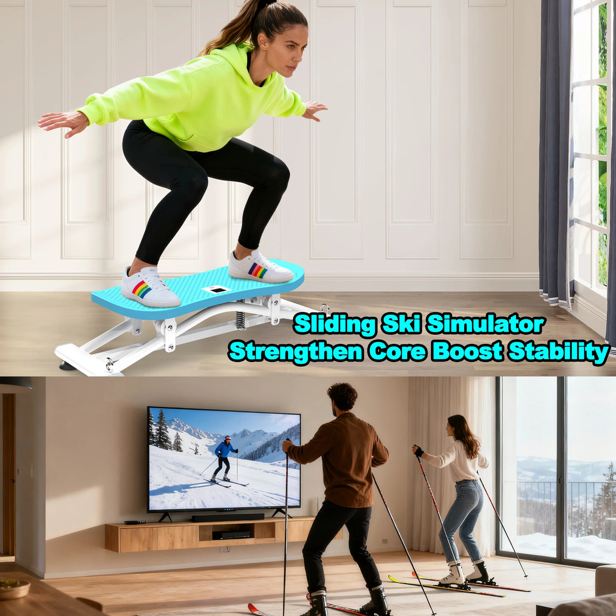 Sliding Ski Simulator Machine for Home Gym, Indoor Skiing Fitness Equipment with Resistance Bands, Full Body Cardio Workout Trainer for Core & Legs, Non-Slip Base, 300LBS Capacity