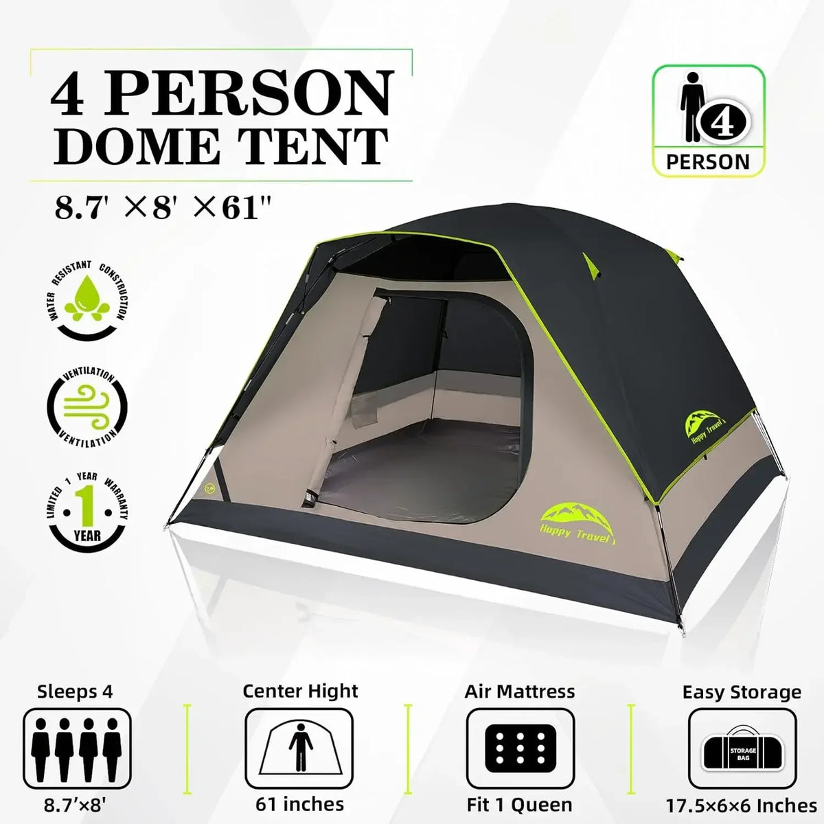 Happy Travel Camping Tent, 4/6 Person Dome Tents for Camping with Rainfly