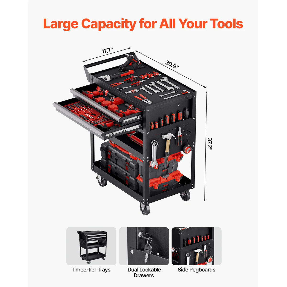 Five Tier Lockable Rolling Tool Cart With Pegboard Storage Organizer