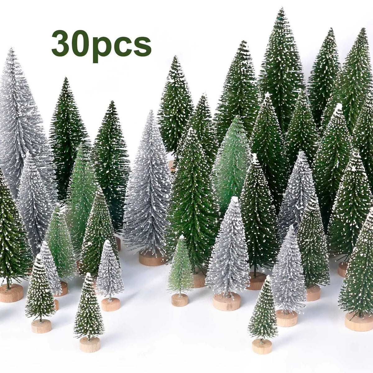 30pcs Mini Christmas Trees Artificial Christmas Tree Bottle Brush Trees with Wooden Base for Christmas Decor Party Home Table Craft Decorations (Silver,Green)