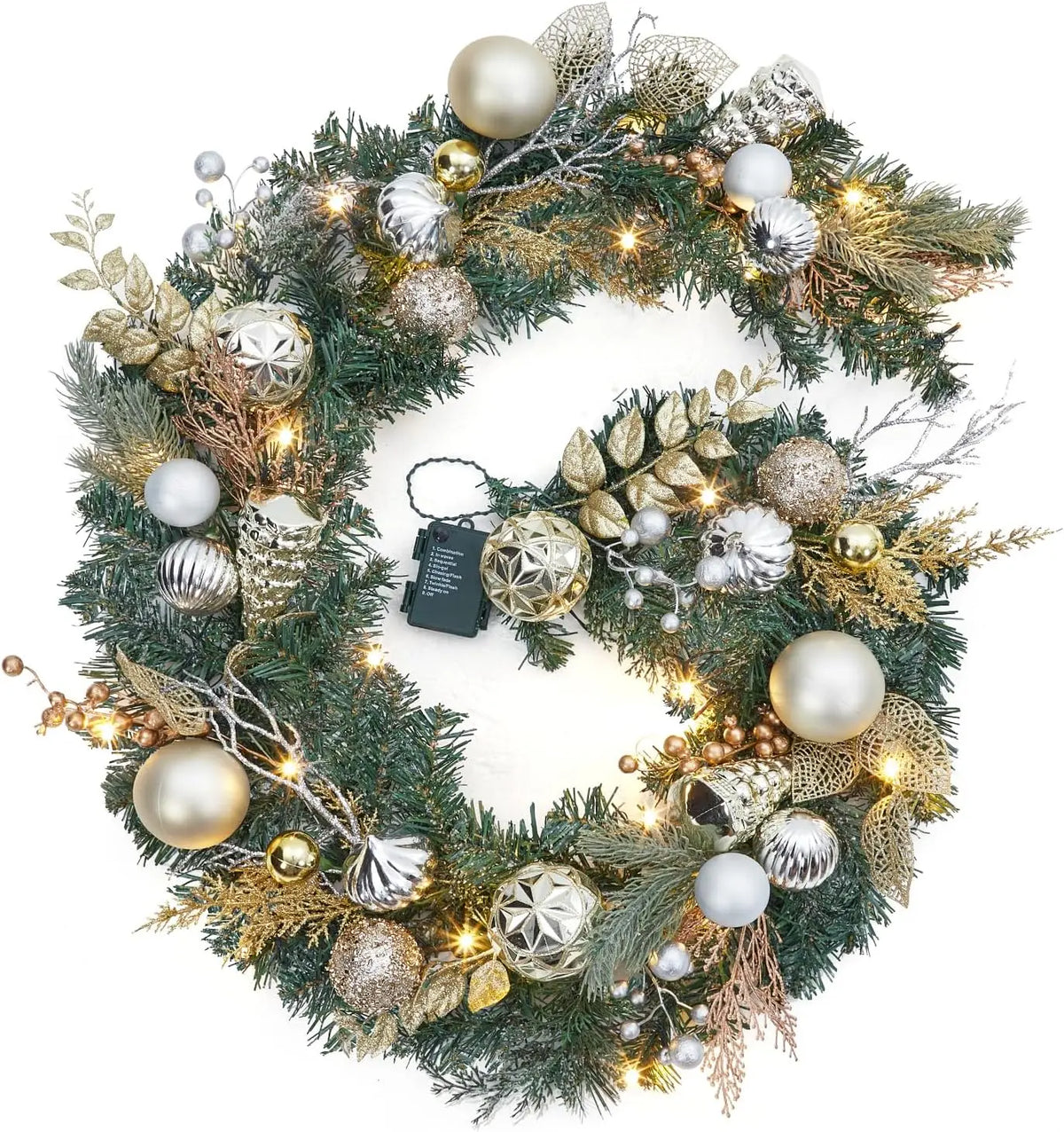 Tacleekii 6 Feet Christmas Garland with Lights & Timer for Mantle Battery Operated 20 LED 8 Modes Ball Ornaments & Poinsettias, Prelit Garland Decorations