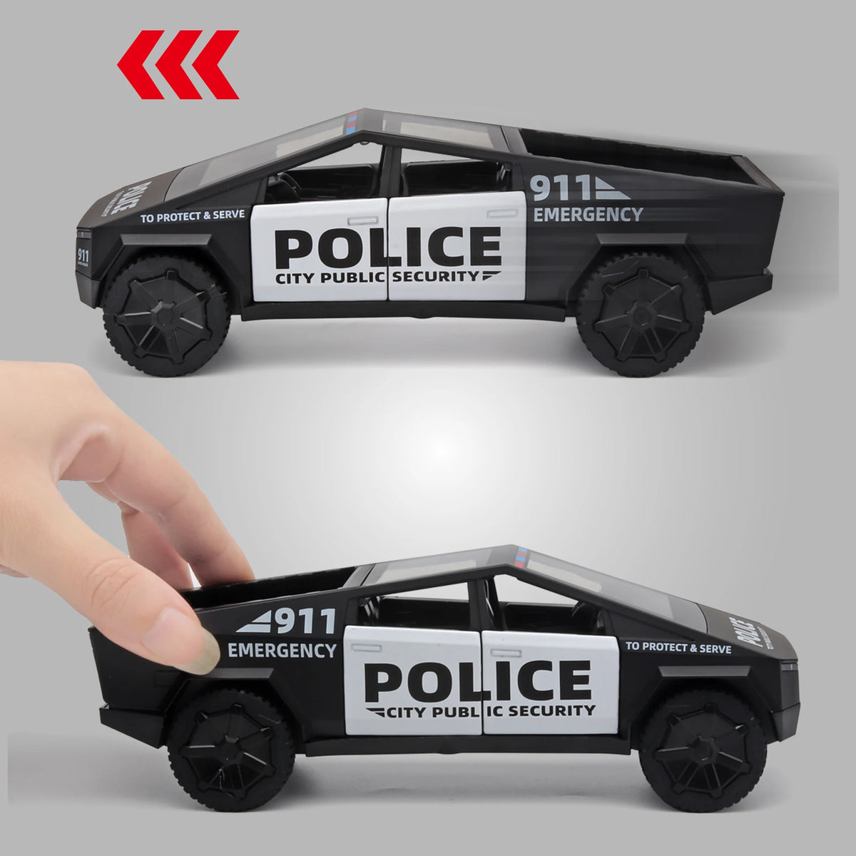 1/32 scale die-cast CYBERTRUCK police car model, realistic sound and light toy suitable for boys aged 3-8.