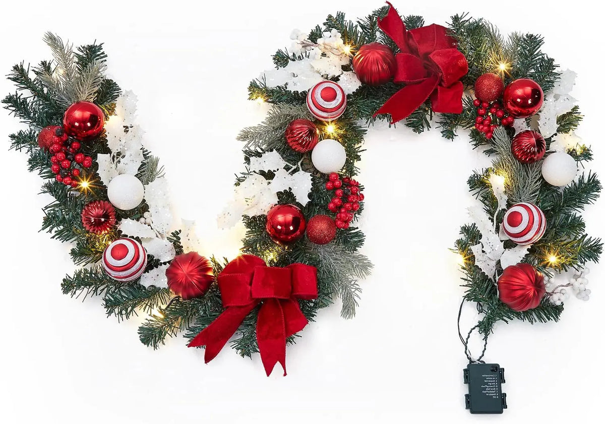 Tacleekii 6 Feet Christmas Garland with Lights & Timer for Mantle Battery Operated 20 LED 8 Modes Ball Ornaments & Poinsettias, Prelit Garland Decorations