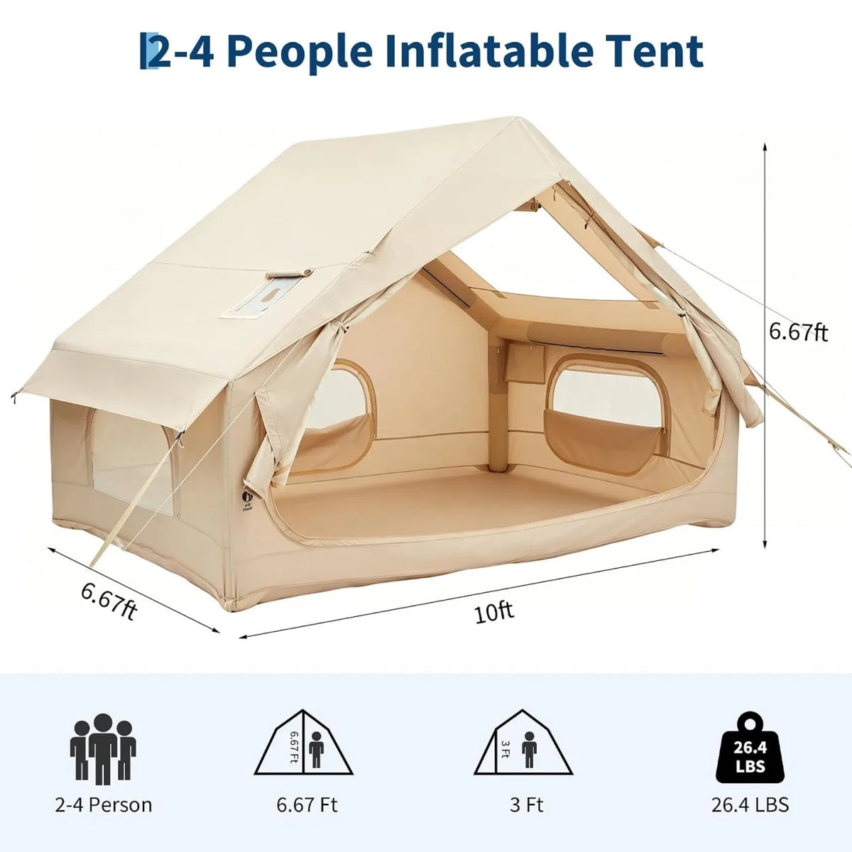 Inflatable Camping Tent 4 Person 4 Season Waterproof Family Air Tent with Hand Pump 5 Min Setup Stove Jack Mesh Windows Skylight 210D Oxford Fabric 63 Sq Ft Floor Portable for Hiking Fishing Beach Fall Winter