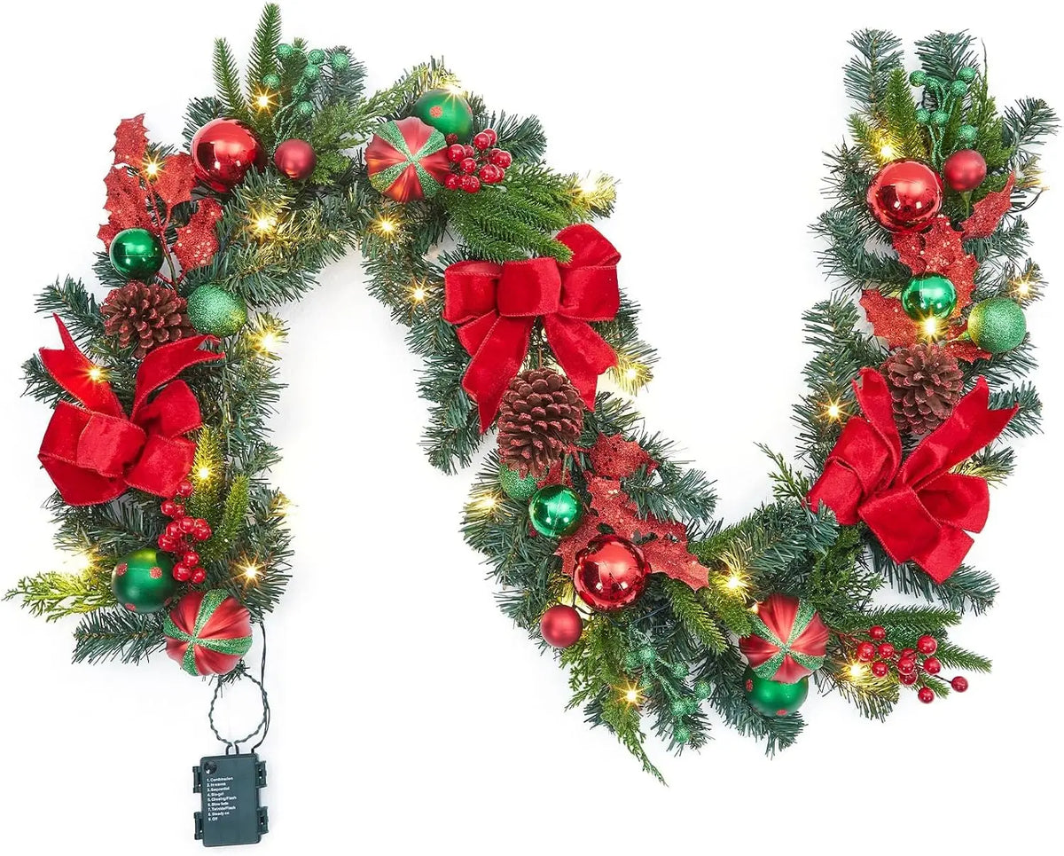 Tacleekii 6 Feet Christmas Garland with Lights & Timer for Mantle Battery Operated 20 LED 8 Modes Ball Ornaments & Poinsettias, Prelit Garland Decorations