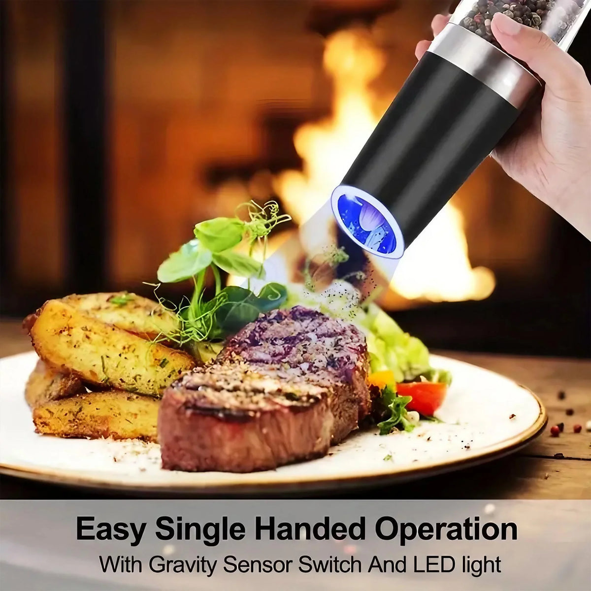 Gravity Electric Salt and Pepper Grinder - Battery Powered Salt or Pepper Mill with Adjustable Coarseness and LED Light, Easy Operation for Kitchen Dining BBQ Cooking, Grind Fresh for Better Flavor, Great for Home Cooks