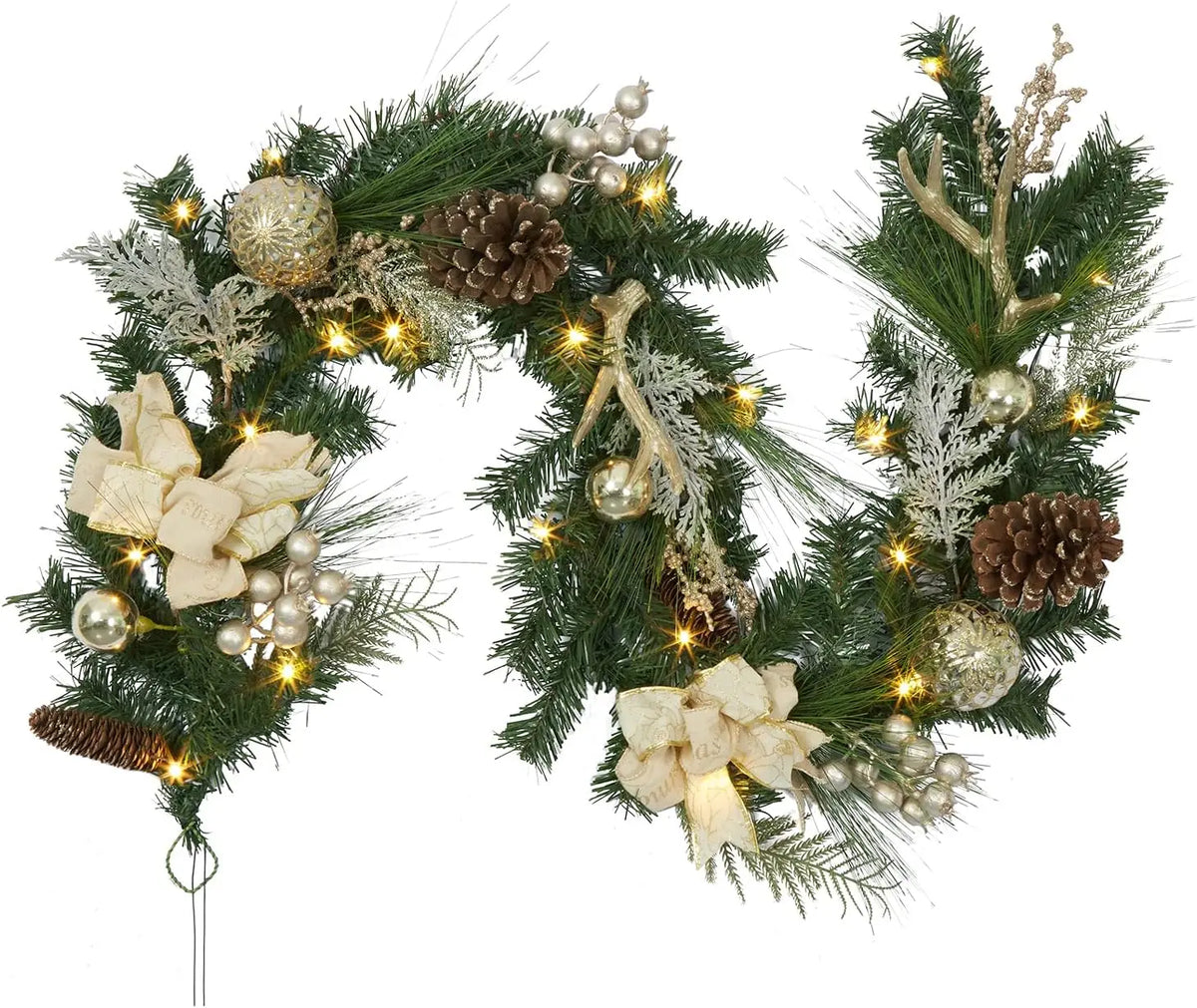 Tacleekii 6 Feet Christmas Garland with Lights & Timer for Mantle Battery Operated 20 LED 8 Modes Ball Ornaments & Poinsettias, Prelit Garland Decorations