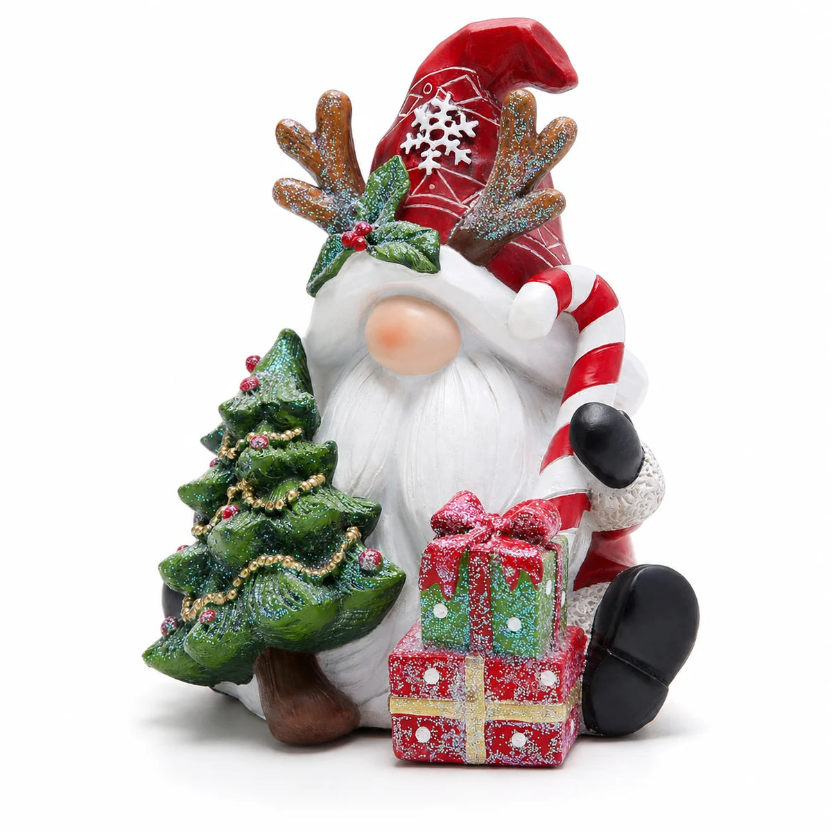 Hodao Resin Christmas Gnome Figurine, 6.1" Santa Gnome with Red Snowflake Hat, Reindeer Antlers, Christmas Tree, Gift Boxes and Candy Cane, Festive Holiday Tabletop Decor, Shelf Sitter Ornament for Mantel, Fireplace, Entryway