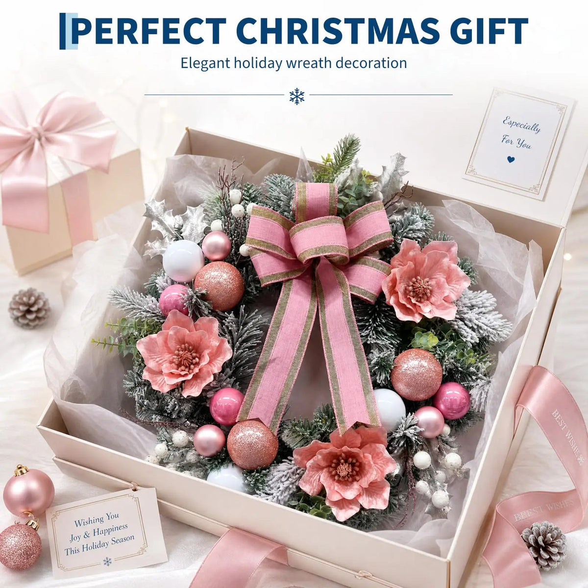 24 Inch Pre-Lit Pink Magnolia Christmas Wreath With 20 Led Lights, 8 Modes Timer, Snowy Pine Ball Ornaments Front Door Decor