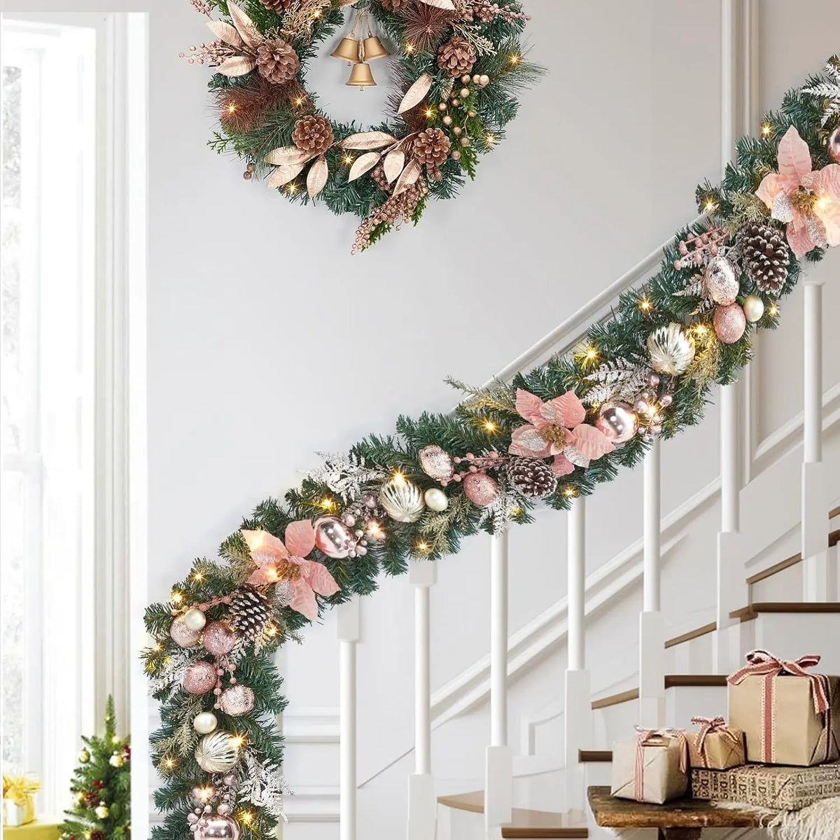 Tacleekii 6 Feet Christmas Garland with Lights & Timer for Mantle Battery Operated 20 LED 8 Modes Ball Ornaments & Poinsettias, Prelit Garland Decorations