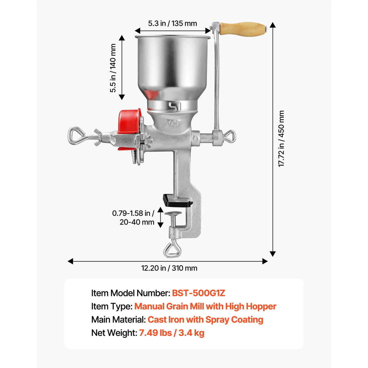 SucceBuy Manual Grain Mill with High Hopper Hand-Crank Corn Grinder with Stable Table Clamp for Grains Spices Coffee Beans Nuts