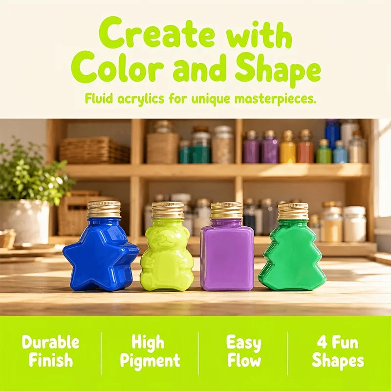 10‑Color 50ml/1.69oz Fluid Acrylic Paint Set, 4 Standard +2 Neon +2 Metallic +2 Glow‑in‑Dark. Colors: Black, White, Violet, Rose Red, Neon Blue, Neon Yellow, Gold, Silver, Glow Green, Glow Yellow. 4 novelty shaped bottl