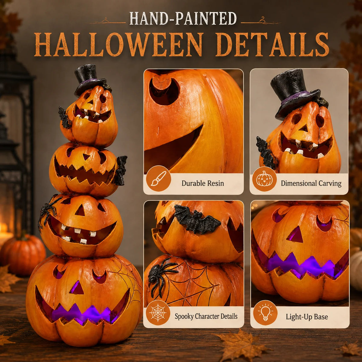 Hodao Resin Halloween Light-Up Stacked Pumpkin Figurine, 4-Tier Jack-O-Lantern Tower with Black Top Hat, Bats, Spider and Web, Glowing Hand-Painted Tabletop Decor for Mantel, Shelf, Fireplace, Entryway, Spooky Party and Haunt