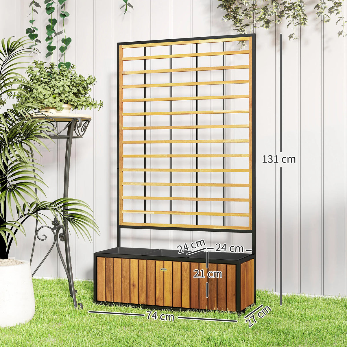 Raised Garden Bed, Planter Box with Trellis, Removable Pots, Teak