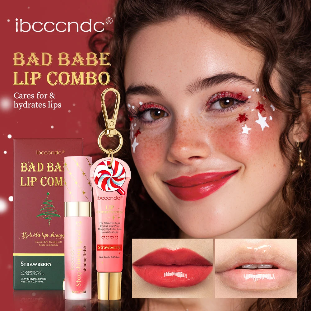 Strawberry Christmas Lip Combo Lip Conditioner Shiny Lip Oil with Keychain Hydrating Long Lasting Moisturizing Lip Care Set