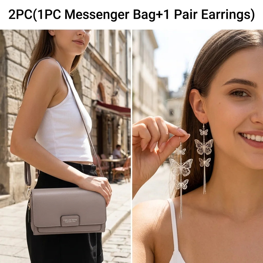 2PC(1PC Messenger Bag+1 Pair Earrings )Women's Small Shoulder Crossbody Bag and Elegant Long Drop Earrings,Hollow Butterfly Tassel Earrings,Bohemian Style, Mobile Phone Card Wallet Bag,Casual Handbag for Party Birthday,Daily