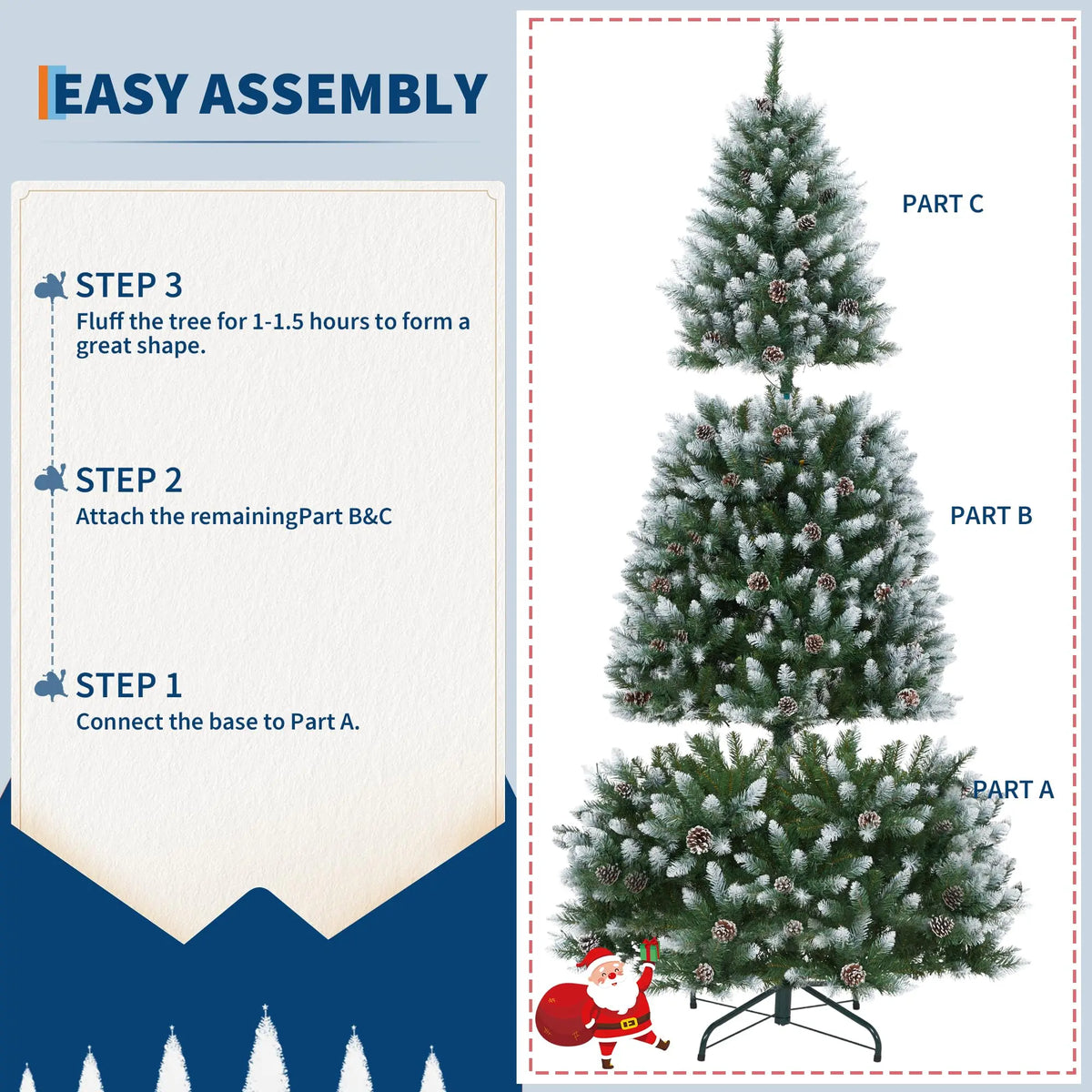 6FT Pre‑Lit Artificial Pine Christmas Tree with Pine Cones, 250 LEDs 748 Tips Hinged Stand PVC Holiday Tree for Home Office Party Decor