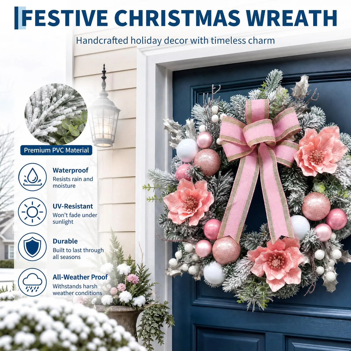 24 Inch Pre-Lit Pink Magnolia Christmas Wreath With 20 Led Lights, 8 Modes Timer, Snowy Pine Ball Ornaments Front Door Decor