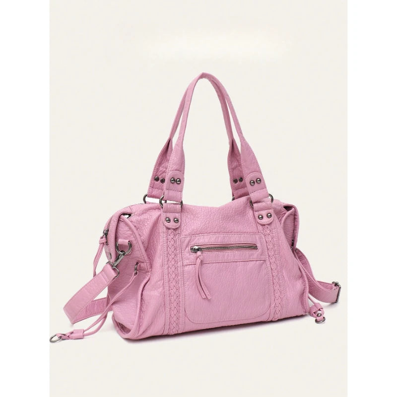 Women Casual Street Style PU Leather Tote Bag Zipper Pockets Braid Decor Fits 13 Inch Laptop Large Capacity