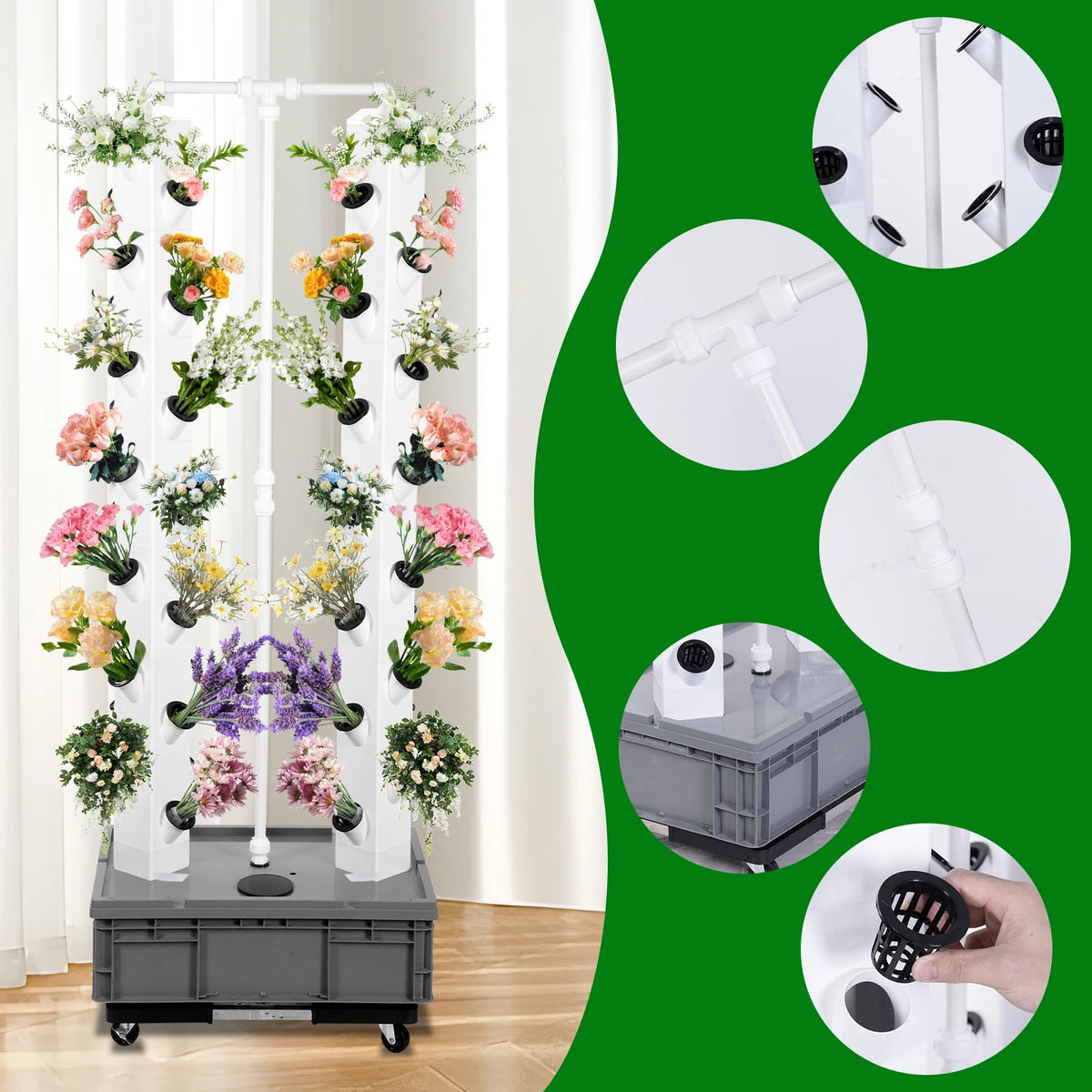 65in Vertical Hydroponic Garden Tower with 56 Planting Holes 18W Water Pump for Leaf Plants