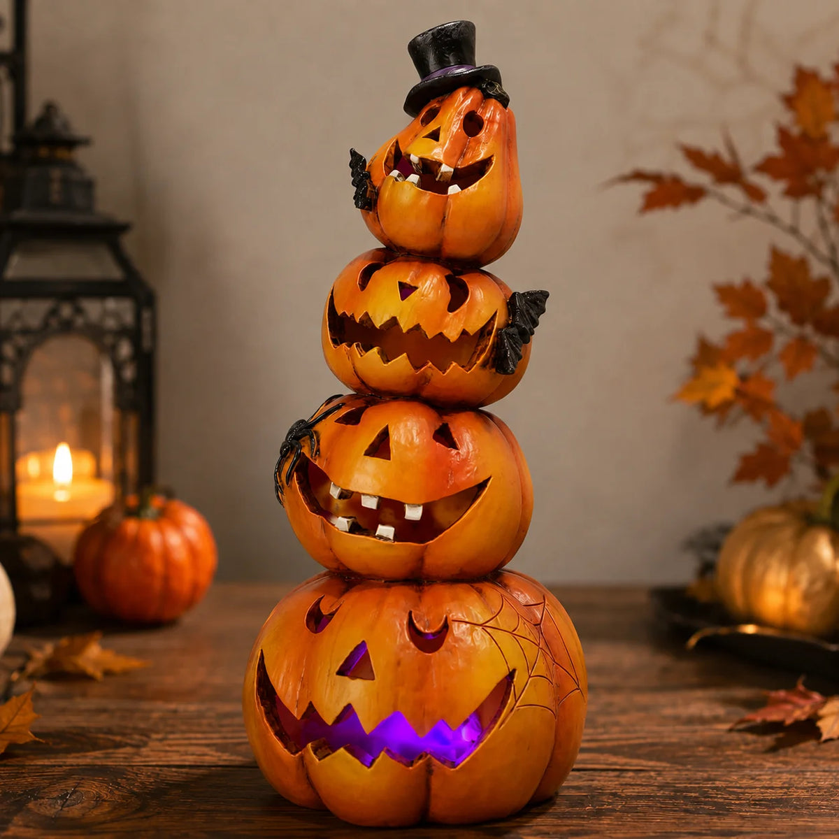 Hodao Resin Halloween Light-Up Stacked Pumpkin Figurine, 4-Tier Jack-O-Lantern Tower with Black Top Hat, Bats, Spider and Web, Glowing Hand-Painted Tabletop Decor for Mantel, Shelf, Fireplace, Entryway, Spooky Party and Haunt