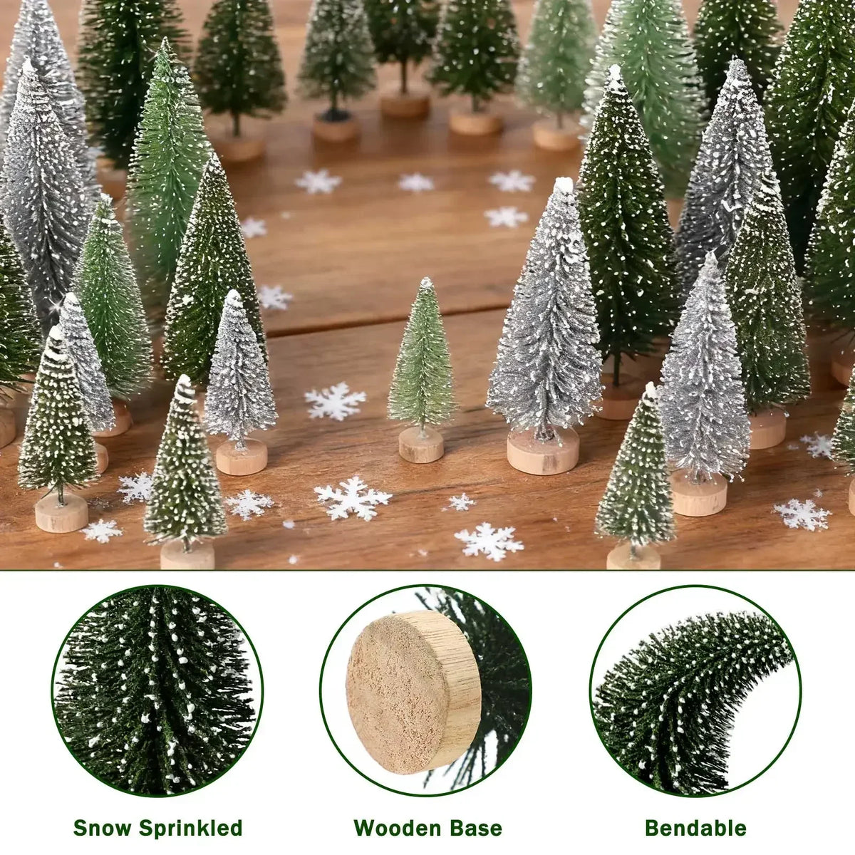 30pcs Mini Christmas Trees Artificial Christmas Tree Bottle Brush Trees with Wooden Base for Christmas Decor Party Home Table Craft Decorations (Silver,Green)