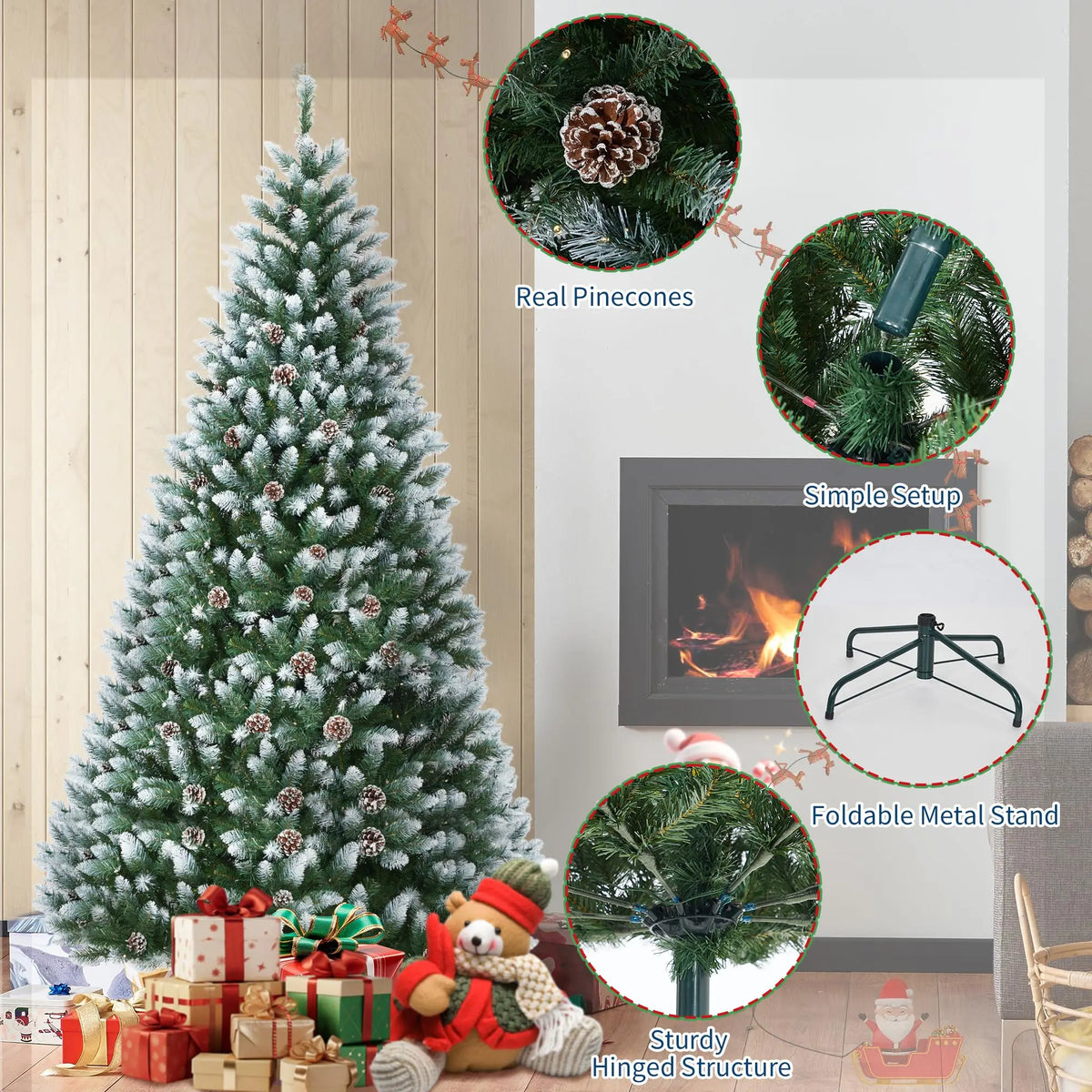6FT Pre‑Lit Artificial Pine Christmas Tree with Pine Cones, 250 LEDs 748 Tips Hinged Stand PVC Holiday Tree for Home Office Party Decor