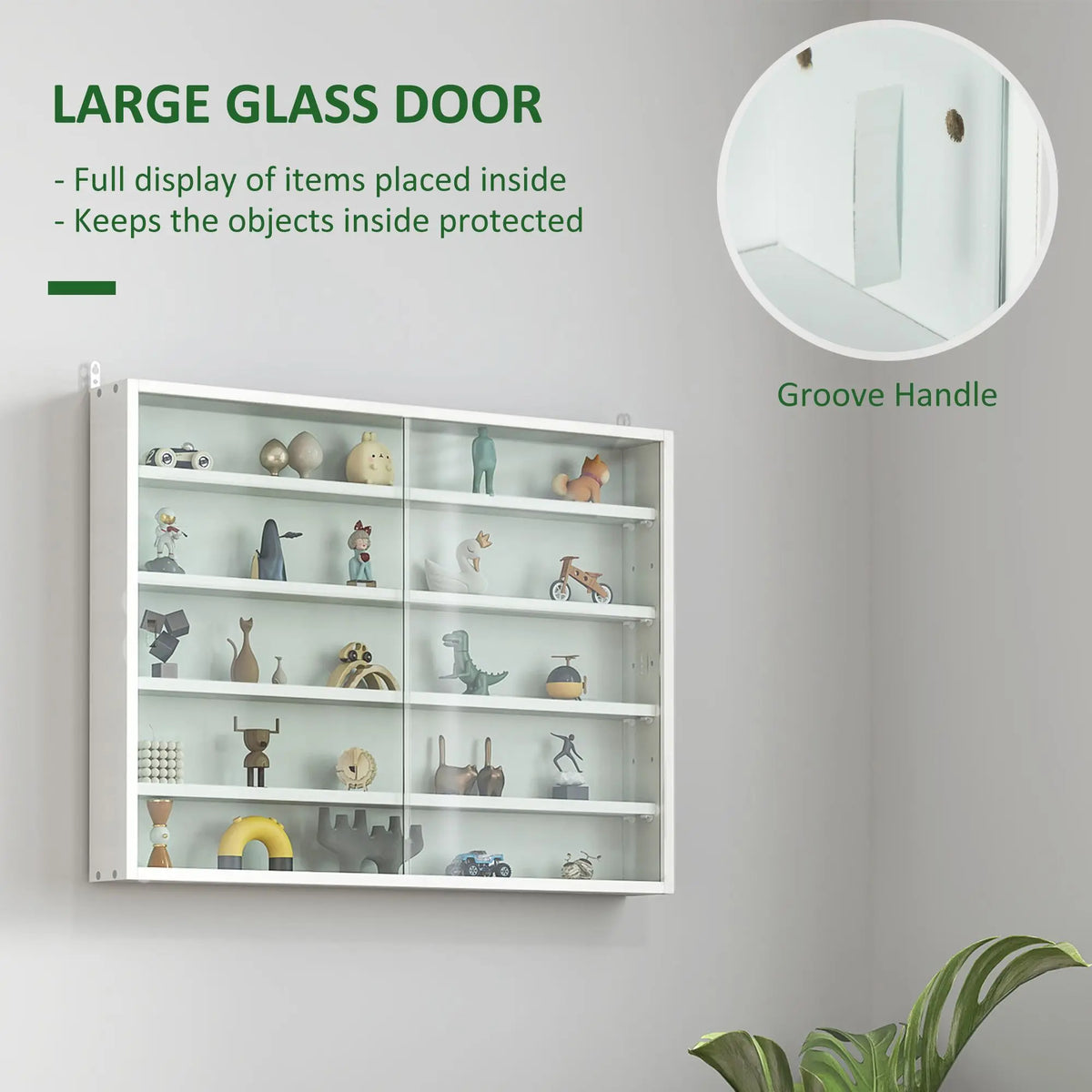 5-Tier White Display Cabinet with Glass Doors & Adjustable Shelves, Wall-Mounted