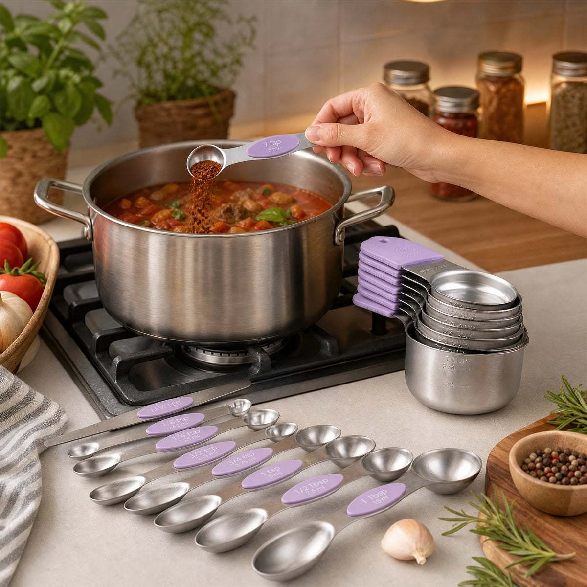 16 PCS Stainless Steel Measuring Cups and Spoons Set, Purple Silicone Handles with Leveler for Baking Cooking