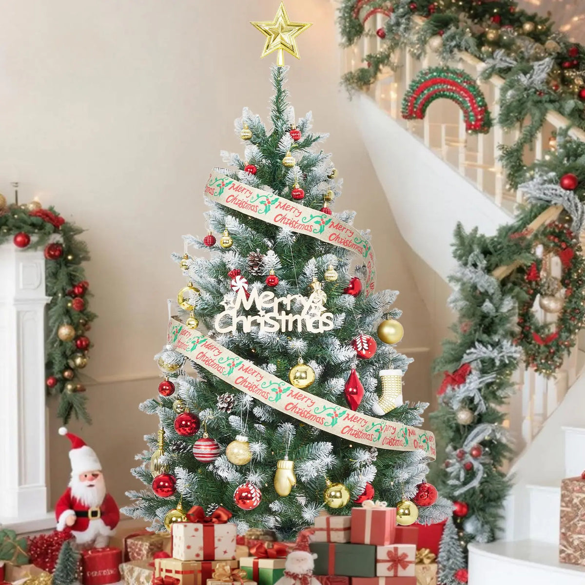 6FT Pre‑Lit Artificial Pine Christmas Tree with Pine Cones, 250 LEDs 748 Tips Hinged Stand PVC Holiday Tree for Home Office Party Decor