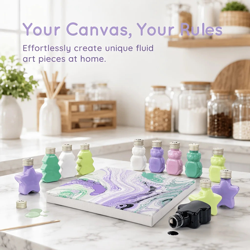 6‑Color 50ml/1.69oz Fluid Acrylic Paint Set, 2 Glow‑in‑Dark + 4 Standard,  Glow Green, Glow Yellow, Black, White, Violet, Rose Red. 4 unique shaped bottles. Pre‑mixed for smooth flow, high color saturation.