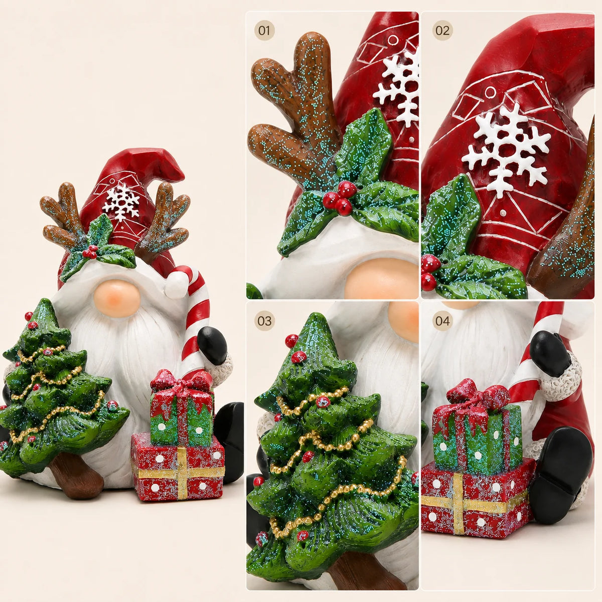 Hodao Resin Christmas Gnome Figurine, 6.1" Santa Gnome with Red Snowflake Hat, Reindeer Antlers, Christmas Tree, Gift Boxes and Candy Cane, Festive Holiday Tabletop Decor, Shelf Sitter Ornament for Mantel, Fireplace, Entryway