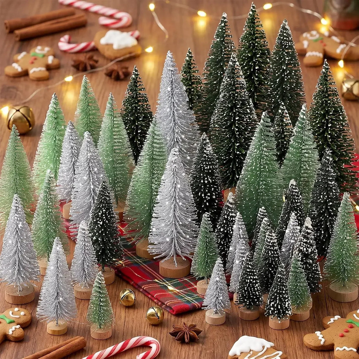 30pcs Mini Christmas Trees Artificial Christmas Tree Bottle Brush Trees with Wooden Base for Christmas Decor Party Home Table Craft Decorations (Silver,Green)