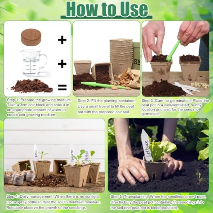 Garden germination container: biodegradable square peat pots 2.36 + compressed coir fiber soil, 500 sets bulk kit with planting